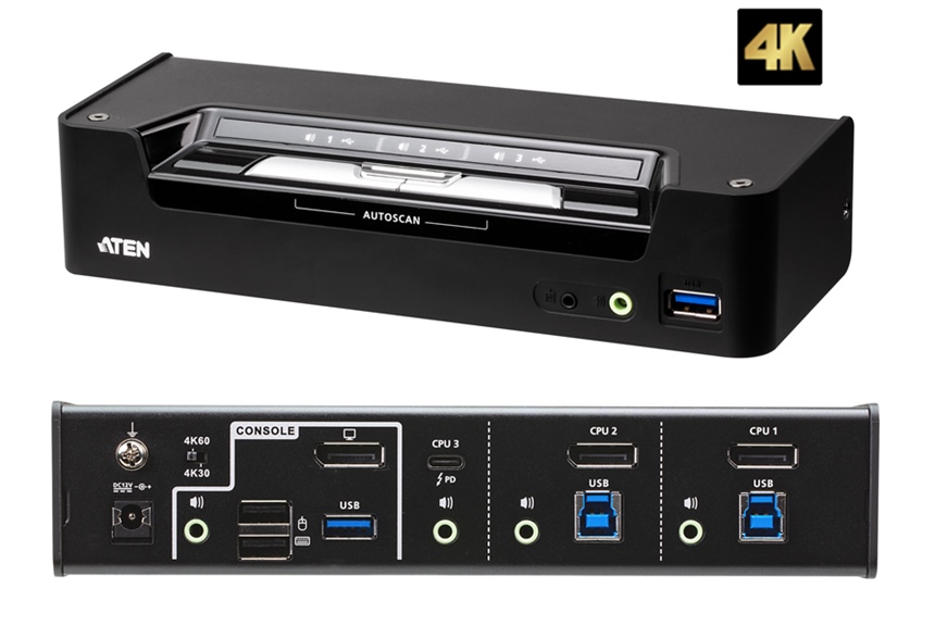 KVM UK:CS1953 - ATEN - 3 Port USB-C KVM Switch, DisplayPort Hybrid KVMP™ 4096x2160 (4K) @60Hz, Desktop KVM Switch details